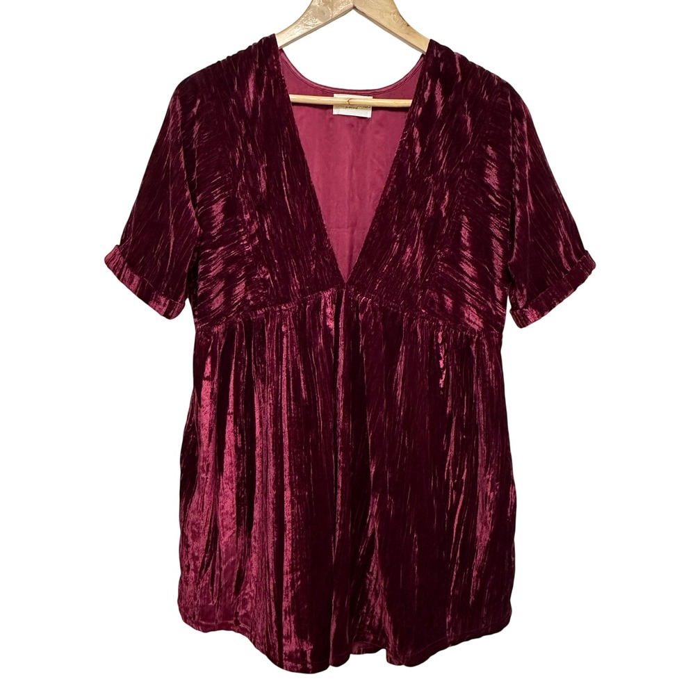 Natural Life Stella Crushed Velvet Babydoll Dress Womens XS/S Deep V Burgundy